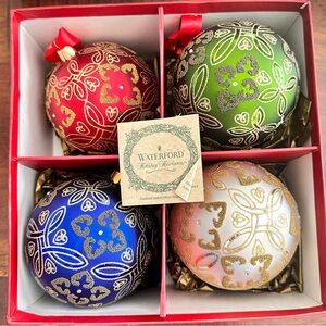 Waterford Christmas ornaments set of 4 blue, red, green, white pearl and gold
